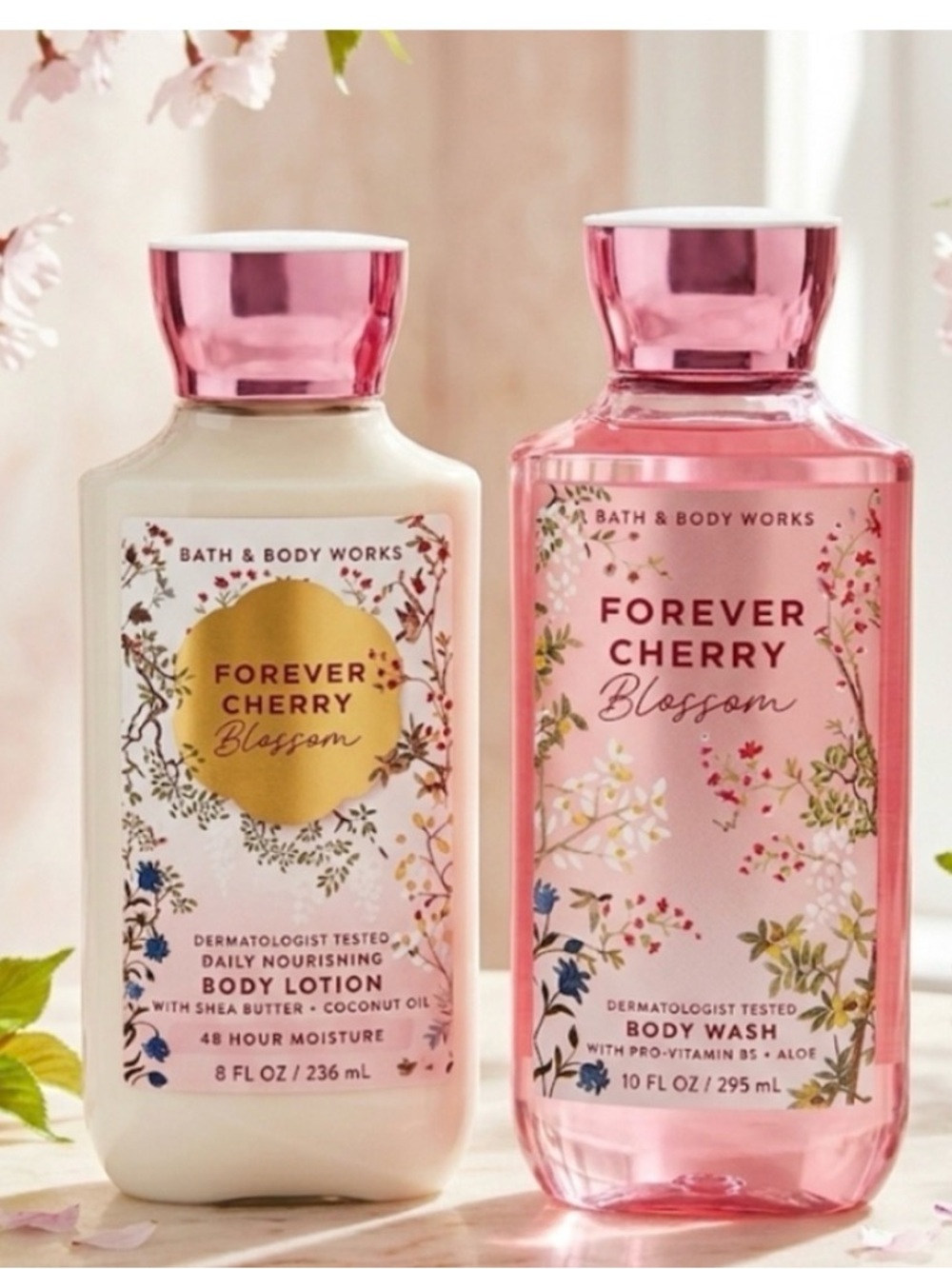 Bath & Body Works Forever Cherry Blossom Body Wash & Lotion - Pink, Gold